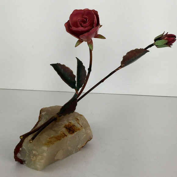 Enameled Copper Metal Rose Flower Sculpture Figurine on Quartz Rock Crystal Base - Picture 8 of 12